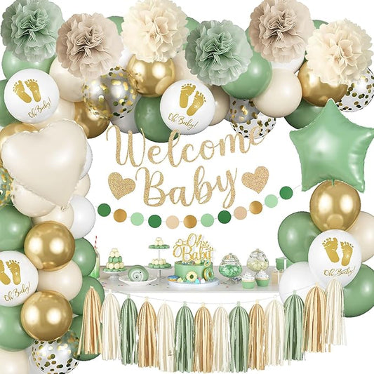 Sage Green Baby Shower Decorations, Welcome Baby Banner Olive Green Gold White Sand Confetti Latex Foil Balloons with Oh Baby Cake Topper Pom Poms Tassels for Boho Neutral Gender Reveal Party Supplies