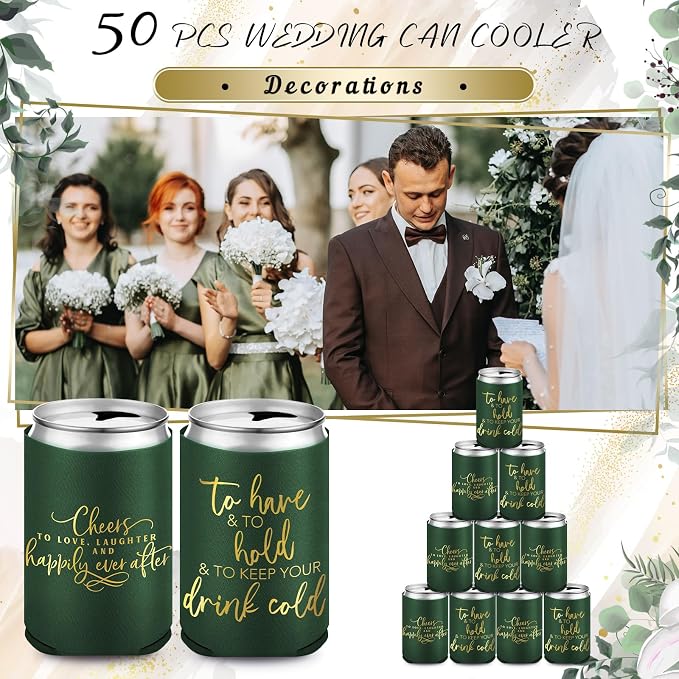 Qinyoung 50 Pieces Dark Green Wedding Can Cooler Bulk Engagement Party Favors for Guests Cheers to Love and Happily Ever After Rehearsal Dinner Decorations for Wedding Bridal