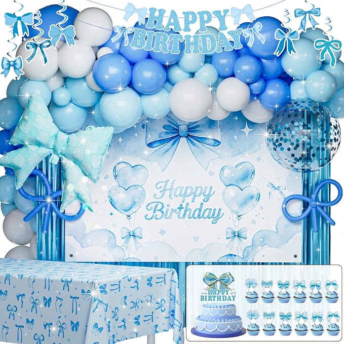 189pcs Blue Bow Coquette Birthday Decorations Soft Blue Aesthetic Party Set with Banner Backdrop Foil Balloons Table Cloth Fringe Curtain Hanging Swirls Cake Topper, Dreamy Romantic Decor Supplies