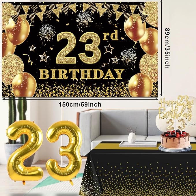 23rd Birthday Decorations Men Women with 23rd Birthday Banner, Black and Gold Table Cloth, Number Balloons, Large Sash, Cake Topper and Candles