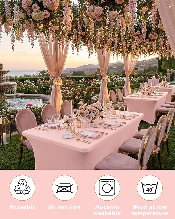 Fixwal Light Pink Stretch Table Cloth Rectangle 2 Pack 4Ft, Spandex Fitted Table Covers Washable for Party, Trade Show, Banquet, Wedding, Buffet