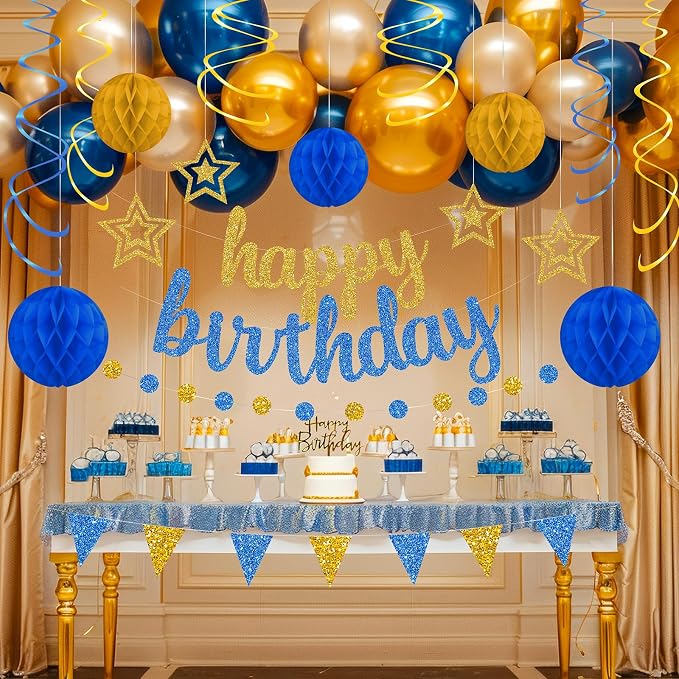 Blue and Gold Birthday Party Decorations Set - Happy Birthday Banner Balloons Foil Curtains Hanging Swirls for Men Women Kids Birthday Party Supplies