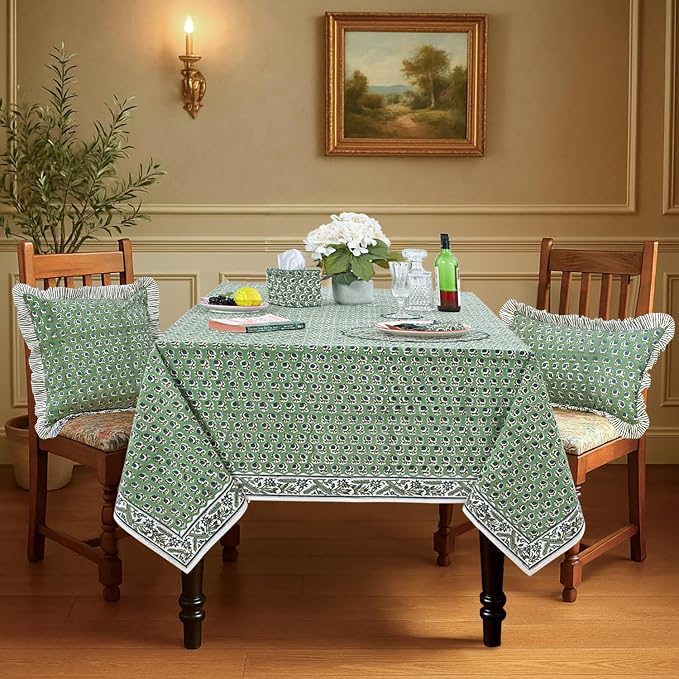 Ridhi Basil Green Hand Block Print Cotton Rectangle Tablecloth 90" x 60" inches Reusable Table Cover Decorative Everyday Use for Dining Room, Farmhouse, Home Gift for Spring, Mother's Day