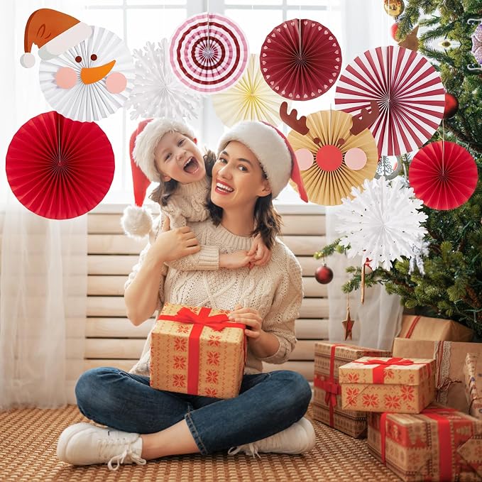 SUNBEAUTY Christmas Party Decorations Christmas Classroom Decorations Hanging Paper Fans with Reindeer Snowman for Xmas Holiday Ceilings Wall Decor Winter New Year Party Supplies