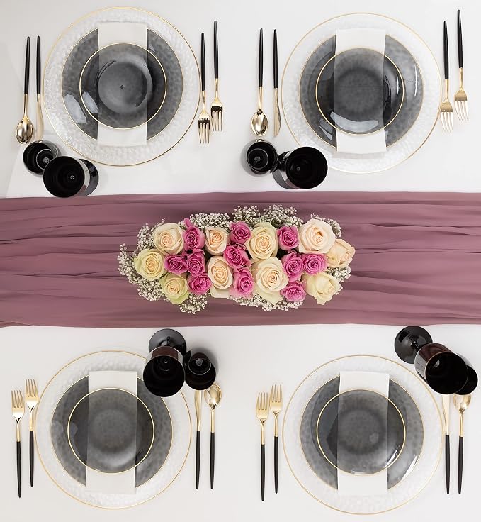 PLASTICPRO 30 Pack Heavyweight Disposable Plastic Plates - Elegant Transparent Black With Gold Rim, 9'' INCH PLATES