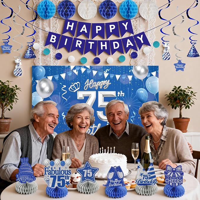 Happy 75th Birthday Party Decoration: Including Birthday Banner Backdrop, Party Table Centerpieces and Hanging Swirl Party Streamers, Birthday Decor for Men and Women (Blue, 75th Birthday)