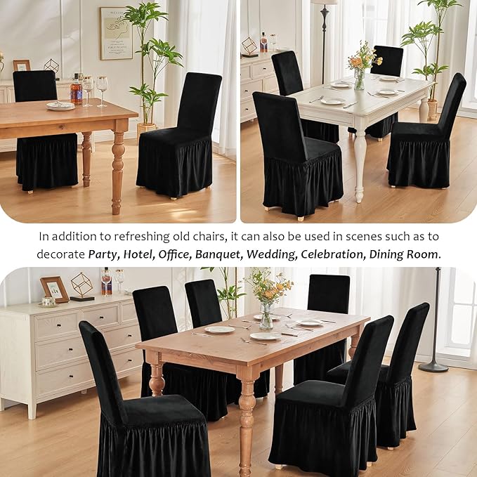 NICEEC Spandex Chair Covers for Dining Chairs Covers Set of 4 Removable Dining Room Chair Covers with Skirt Parson Chair Slipcovers Washable Chair Protector for Kitchen Wedding Party Banquet(Black)