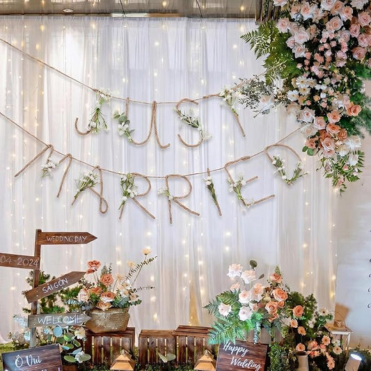 Norme Just Married Banner Baby's Breath Wedding Party Decorations Metal 3D Flower Just Married Photo Booth Props Signs Garland Backdrop Bridal Shower Reception Ceremony Car Decoration