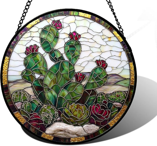 DASTOLL Stained Glass Window Hanging,Green Cactus Purple Flowers Suncatcher Diamond Glass Panel Sun Catchers Decor for Birthday for Women, Men, Wife, Aunt, and Mom 7.8 in