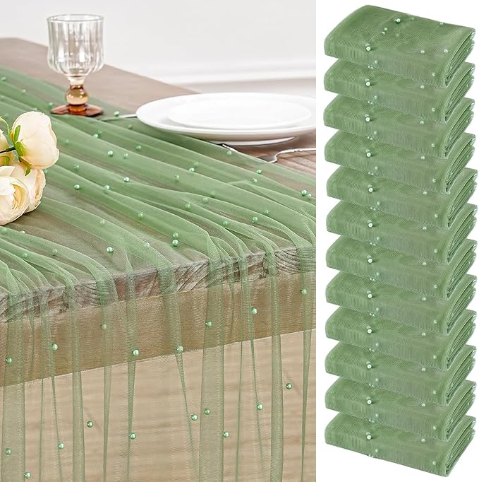 Tulle Pearl Table Runner Lace: 10ft Tulle Runners Romantic Sheer Tables Cover 12pcs Decorative Fabrics for Wedding Arch Dessert Table Decorations Sage Green