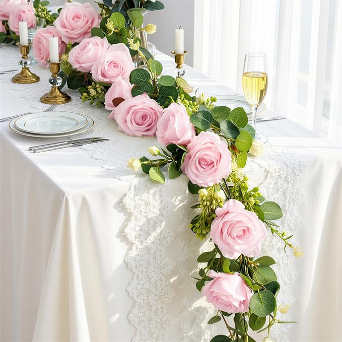 Lewondr Artificial Eucalyptus Garland with Flower, 2Pack 13FT Faux Floral Greenery Garlands Fake Flowers Vines, Maintenance-Free for Wedding Table Backdrop Party Centerpiece Room Decor, Pink