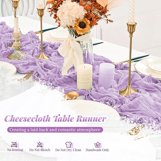 12 Pack Light Purple Table Runner, 10FT Cheesecloth Table Runner Long Romantic Semi Sheer Rustic Boho Gauze Table Runners for Wedding Bridal Shower Birthday Party Decorations(21.5×120 Inch)