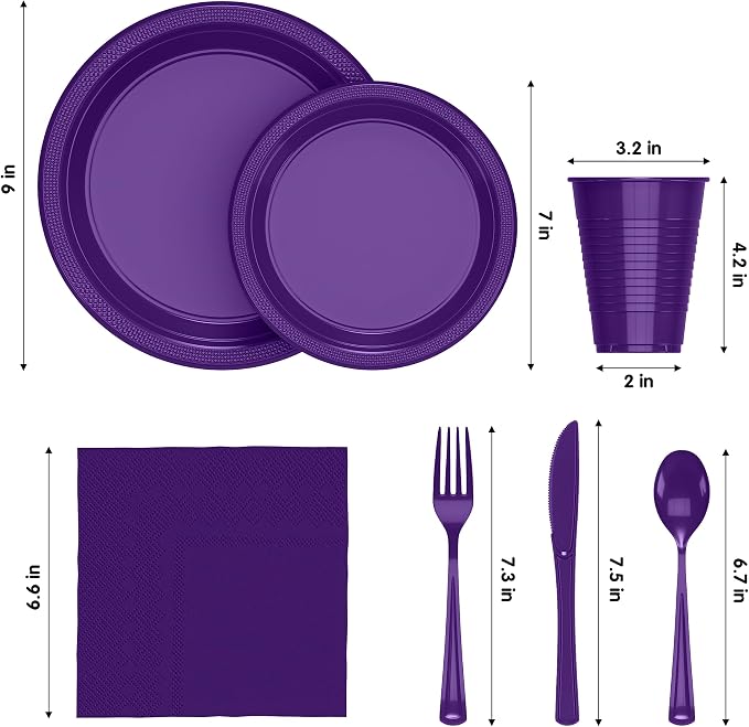 350 Pcs Purple Plastic Plates For Party, Purple Disposable Plates Set, 50 Of Each 9" Dinner Plate Set, 7" Dessert Plate, Cups, Napkins & Cutlery Plastic Dinnerware Set Exquisite