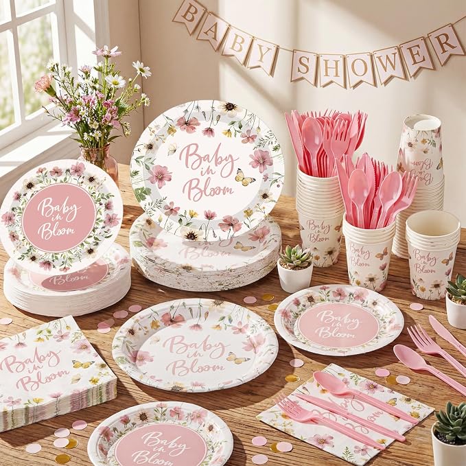 Funnymoom 400 Pcs Baby in Bloom Party Supplies for 50 Guests Pink Floral Baby Shower Paper Plates and Napkins Knives Spoon Fork Cup Disposable Wildflower Dinner Party for Spring Greenery Favor