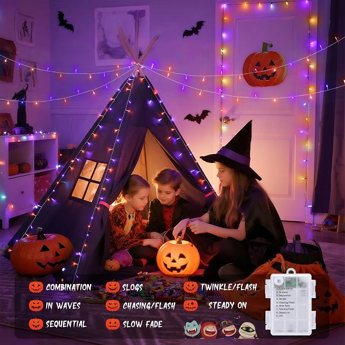 JMEXSUSS 33FT 100 LED Orange and Purple Halloween Lights, Battery Operated Halloween Lights with Remote, 8 Modes String Lights Indoor Outdoor for Room House Porch Tree Yard