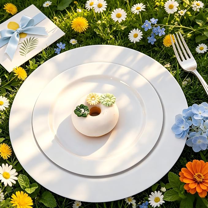 FLOWERCAT 60PCS White Plastic Plates - Heavy Duty White Disposable Plates for 4th of July/Birthday Party/Wedding -serve for 30 guests Include 30PCS 10.25" & 30PCS 7.5" Plates for Summer Party