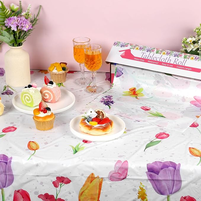Kochorie 100 Ft x 54 Inch Spring Flower Tulip Tablecloth Roll Plastic Floral Disposable Table Cover Butterfly Wildflower Themed Backdrop for Spring Floral Tea Party Birthday Wedding Decor