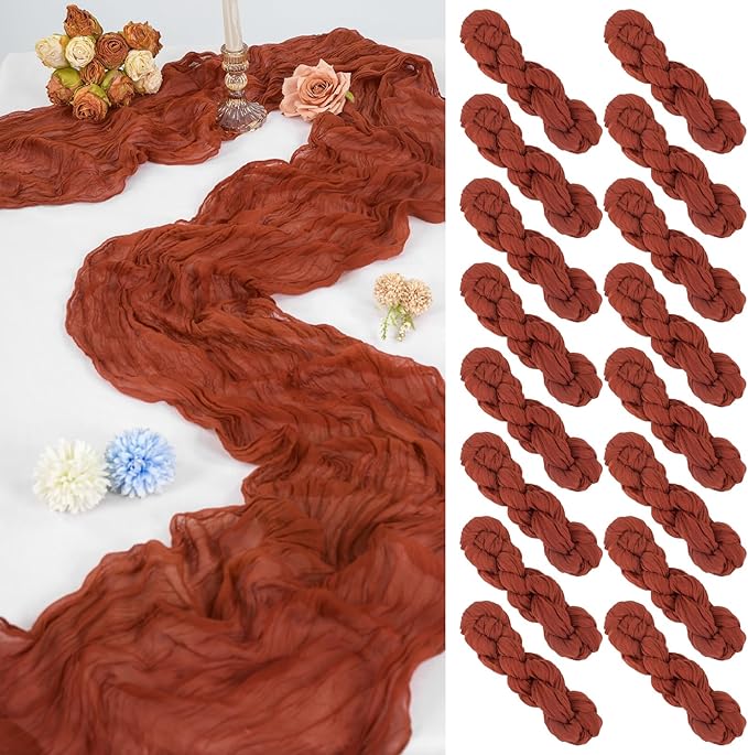 16 Pack 10Ft Cheesecloth Table Runner Terracotta, 20 x 120 Inch Rustic Gauze Boho Cheese Cloth Table Runners Wedding Long Table Runner for Wedding Party Bridal Shower Table Decoration
