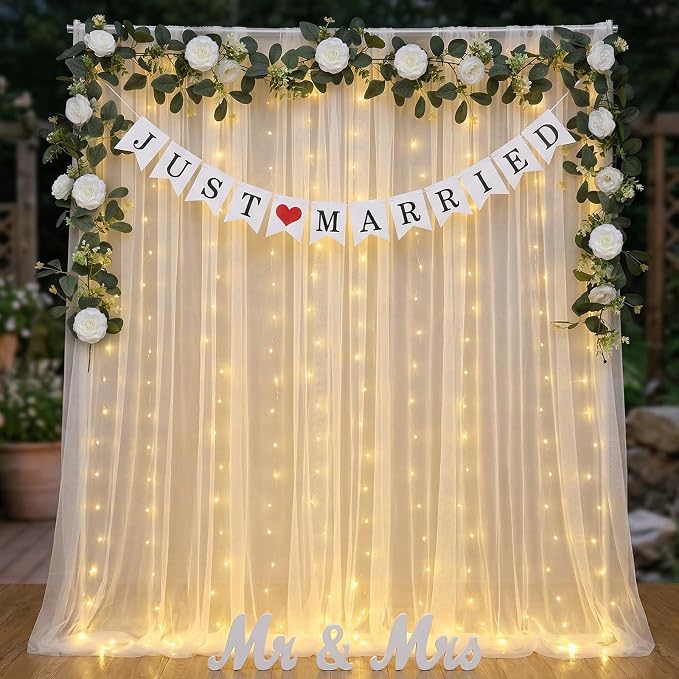 5 Pcs Just Married Decorations Kit, All-in-one Wedding Decor with 5.5x16.4ft White Tulle Backdrop with Lights, Mr and Mrs Sign, 2 Flower Garlands, Wedding Banner for Reception, Party