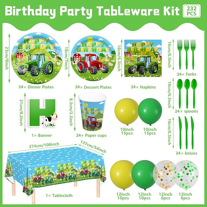 232pcs Tractor Birthday Party Decorations Party Plates Napkins Disposable Paper Cups Tablecloth Banner Boys Tractor Farm Birthday Party Supplies Tableware Set 24 Serve