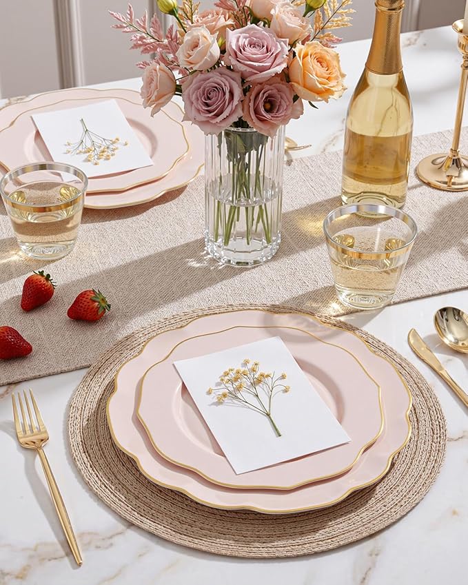 bUCLA 180PCS Pink Plastic Plates - Pink with Gold Rim Disposable for Party Include 30 Each (Dinner & Dessert) Plates, 30 Knives, 30 Forks, 30 Spoons, 30 Cups for Wedding, Birthday & Mother's Day