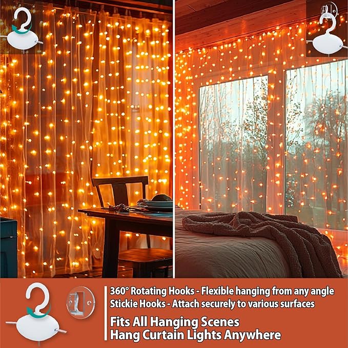 HXWEIYE 300LED Fairy Curtain Lights, 9.8x9.8Ft USB Plug-in 8 Modes Christmas String Hanging Lights with Remote for Bedroom Backdrop Wedding Indoor Wall Decor, Orange, Standard – 1 Pack