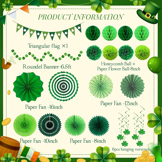 24 Pcs Green Birthday Decorations Set - Hanging Paper Fans Pom Poms Honeycomb Balls Lucky Clover Banner, Party Supplies for Jungle Safari Woodland Baby Shower Spring Events