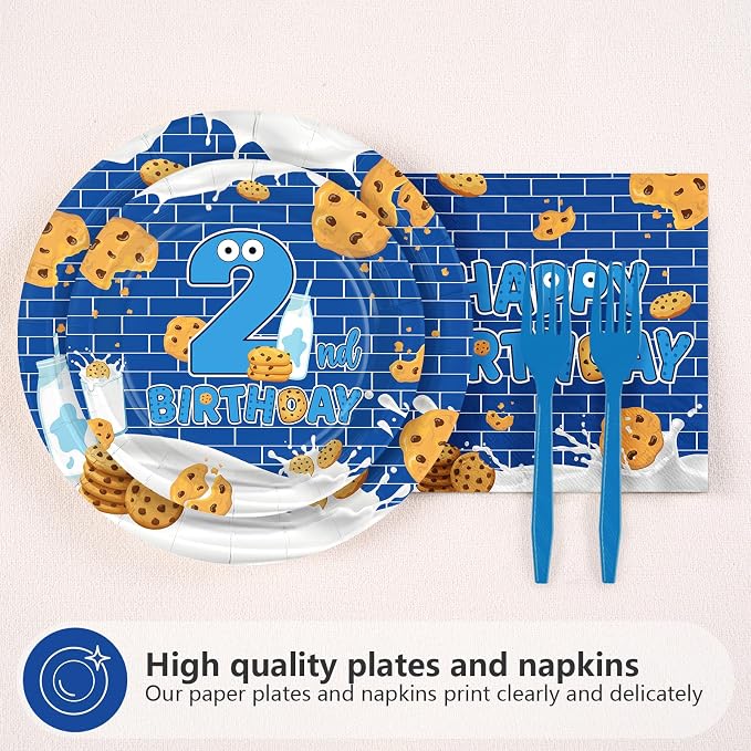 96 Pcs Milk and Cookies 2nd Birthday Party Supplies Dark Blue Cookies Plates and Napkins Two Sweet Cookie Tableware Set for Boys Girls Sweet Cookie 2nd Birthday Party Supplies, Serves 24