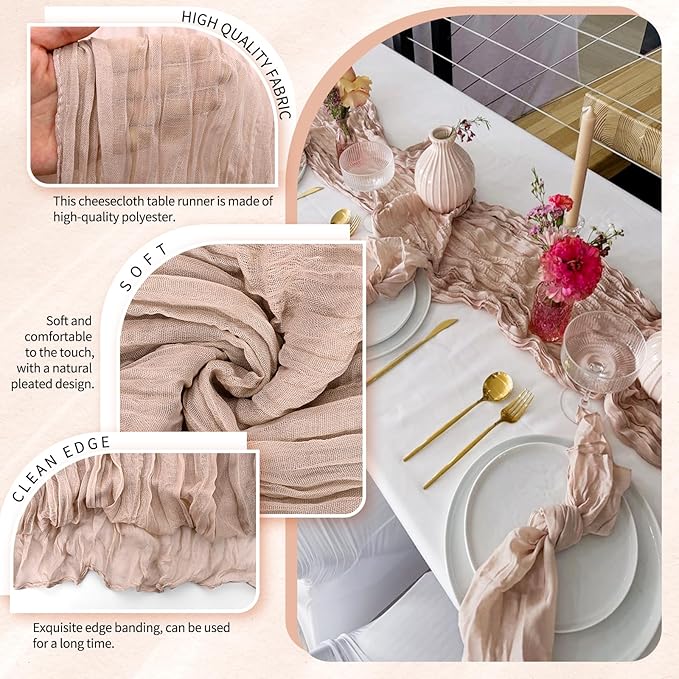 4 Pack Cheesecloth Table Runner 10FT Dusty Pink Table Runner Boho Gauze Cheese Cloth Table Runners Long Rustic Sheer Table Decorations for Wedding Party Baby Bridal Shower Birthday Holiday Home