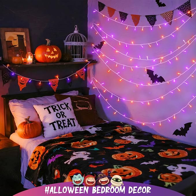 JMEXSUSS 33FT 100 LED Orange and Purple Halloween Lights, Battery Operated Halloween Lights with Remote, 8 Modes String Lights Indoor Outdoor for Room House Porch Tree Yard