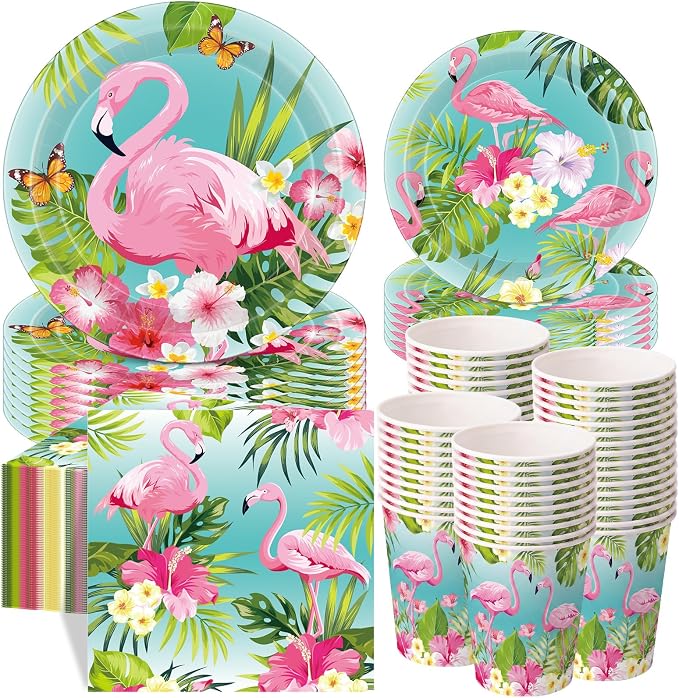 Pickmesh 250 Pcs Summer Flamingo Disposable Tableware Set Hawaiian Luau Party Supplies Tropical Paper Plates Napkins and Cups for Summer Beach Aloha Baby Shower Birthday Pool Party, Serve 50 Guest