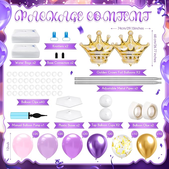 2 Sets Princess Balloon Column Stand Kit with Crown Exploding Star Foil Balloon Purple and Gold Balloons Arch Garland for Princess Birthday Wedding Baby Shower Decorations Party Supplies