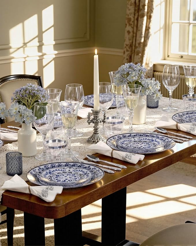 Hioasis 60pcs Blue Plastic Plates Set - Floral Blue & White Porcelain Design, 10.25" Dinner & 7.5" Dessert Plates Disposable for Wedding & 4th ofJuly (Dishwasher Safe, Traditional Style)