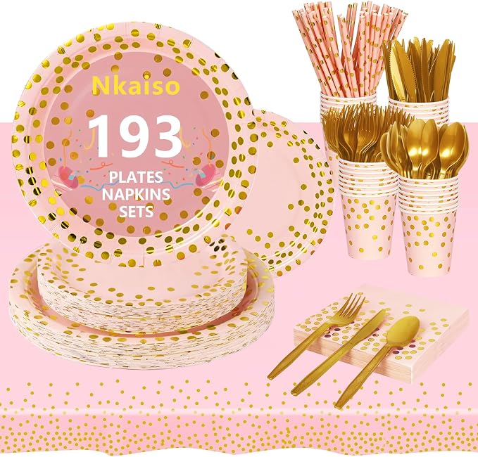Nkaiso Paper Plates and Napkins Set, 193 Pieces Pink Gold Party Supplies Includes Paper Plates Cups Napkins Straws and Cutlery for Birthday Wedding Holidays Parties Decorations-24 Guests
