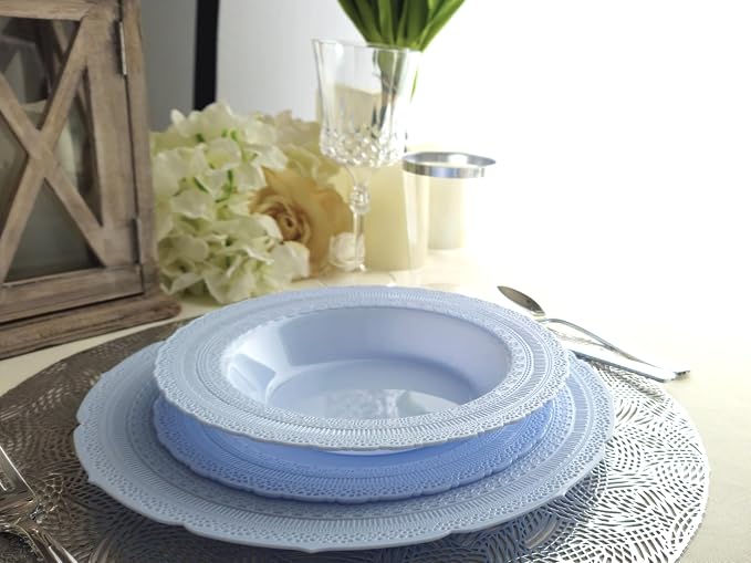 OCCASIONS 25 Guests Heavy Duty Disposable Plastic Plates Set – 25 Dinner Plates (11") & 25 Salad/Dessert Plates (8.25") – Fancy Party Plates for Weddings, Events, Baby Shower – Chateau Collection Blue