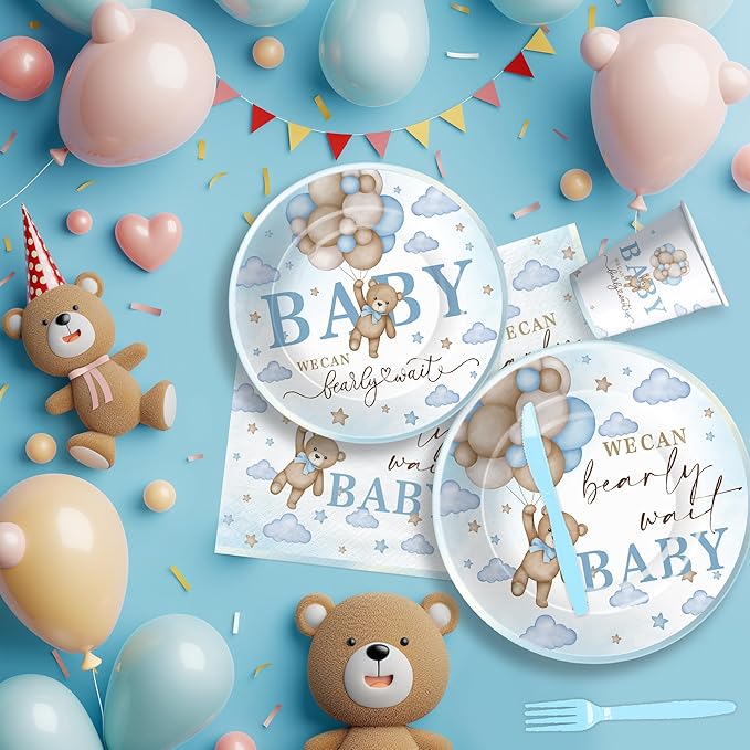 Bear Baby Shower Decorations Boy Tableware - Blue Bear We Can Bearly Wait Baby Shower Decorations Party Supplies, Paper Plate, Napkin, Cup, Cutlery, Tablecloth, 24 Guests