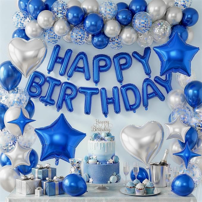 Blue Silver Birthday Decorations for Boys Dark Royal Navy Blue Metallic Silver Confetti Balloon Happy Birthday Banner 18/10 Inch Heart Foil Balloons Star Balloon for Men Bday Party Supplies
