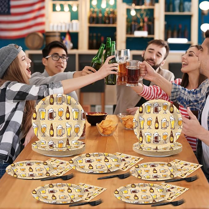 96 Pcs Cheers Party Decorations Cheers Themed Tableware Bar Theme Plates Napkins Forks Yellow and Khaki Supplies for Bar Bachelorette Festival 30th 40th 50th Birthday Bar Supplies Serve 24 Guests