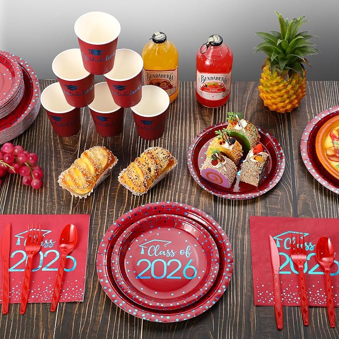 350pcs Class of 2026 Graduation Plates and Napkins Set, Disposable Paper Plate Set Polka Dots Plates Napkins Cups Knife Fork Spoon for Graduation Party Decorations and Supplies,Serve 50 (Red Blue）