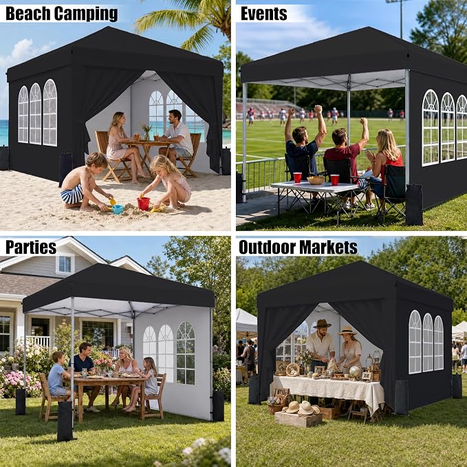 SANWAY 10x10 Pop Up Canopy with Sidewalls, Easy Setup Instant Canopy Tent, Portable with Carry Bag for Outdoor Events, Camping, and Backyard Parties – Black