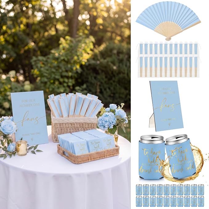 Hoteam 25 Sets Wedding Party Favors for Guests Bulk Including Can Cooler and Paper Folding Fans with Wedding Decor Table Sign Cheers to Love for Bridal Shower Party Souvenir(Classical,Blue)