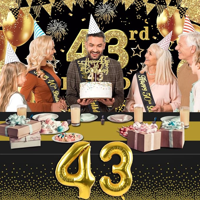 43rd Birthday Decorations Men Women with 43rd Birthday Banner, Black and Gold Table Cloth, Number Balloons, Large Sash, Cake Topper and Candles