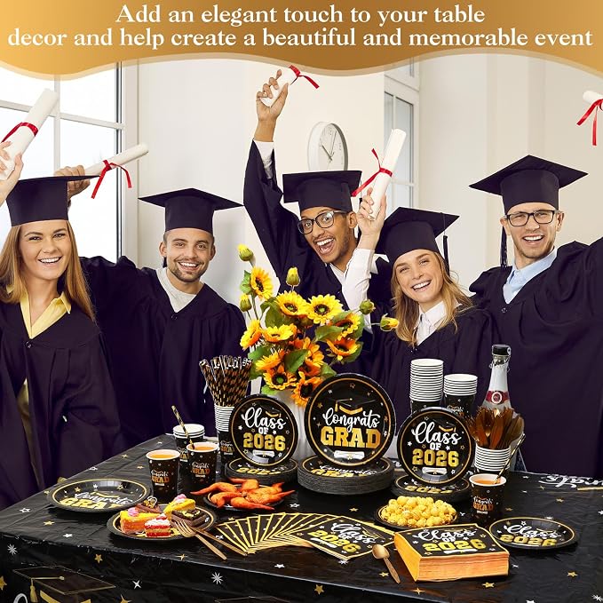 Funnymoom 400 Pcs Graduation Party Supplies Class of 2026 Graduation Paper Plate Napkin Cup Cutlery Congrats Grad Disposable Tableware Set for Grad Party Decorations, Serve 50(Black, Gold)
