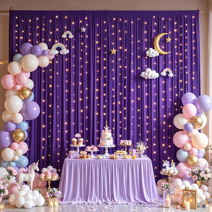 Purple Backdrop Curtains with Lights for Parties,20x10FT Wrinkle Free Wedding Photo Backdrop Curatin Drapes Fabric for Baby Shower Birthday Ceremony Reception Home Party Decorations