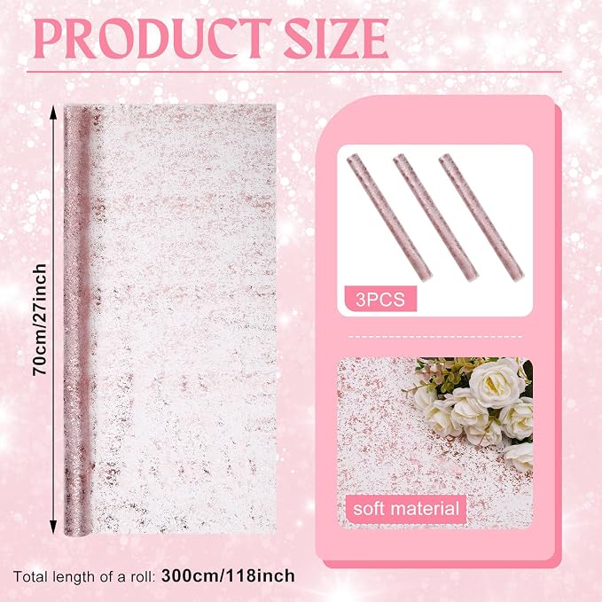 BINBE 3PCS Rose Table Runner 10Ft Sheer Chiffon Fabric Cheesecloth Sequin Glitter Table Runner for Wedding Birthday Party Decor