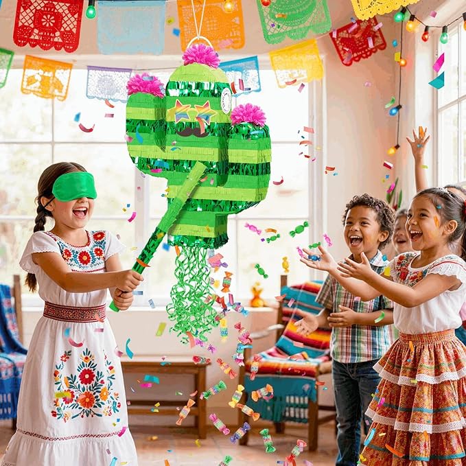 WERNNSAI Cinco De Mayo Cactus Piñata - Mexican Party Decorations Pull String Piñata Bundle with Blindfold and Bat Mexican Piñata for Fiesta Party Decorations Luau Event Carnivals Festivals Supplies