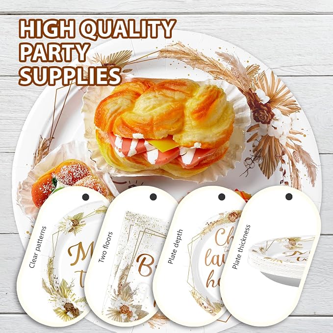 Grencian 96Pcs Boho Bridal Shower Decorations Miss to Mrs Party Plates Disposable Boho Bride to Be Paper Tableware for Bride Groom Bachelorette Party Wedding Engagement Party Supplies, Serves 24