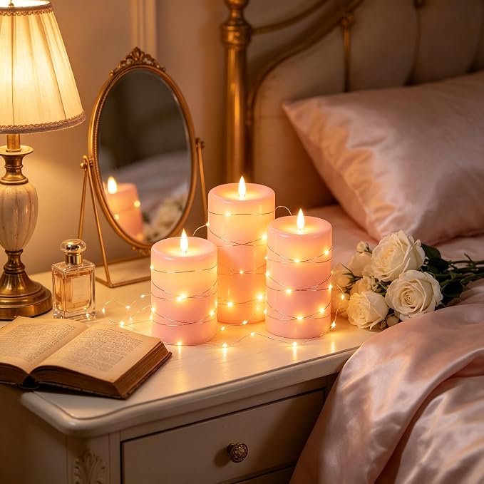 Da by 3 Pack Pink Real Wax Flameless Taper Candles, Lifelike Flickering LED Flame Candles with Surrounding Fairy String Lights, Soft Warm Battery Candles with Remote for Home Wedding Party Decor
