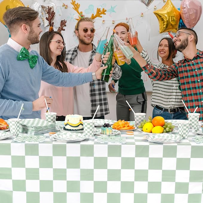 Funnymoom 452 Pcs Sage Green Gingham Party Supplies for 50, Light Green and White Checkered Gingham Paper Plates Napkins Cups Tablecloth Cutlery Straw for Picnic Birthday Baby Shower Decoration