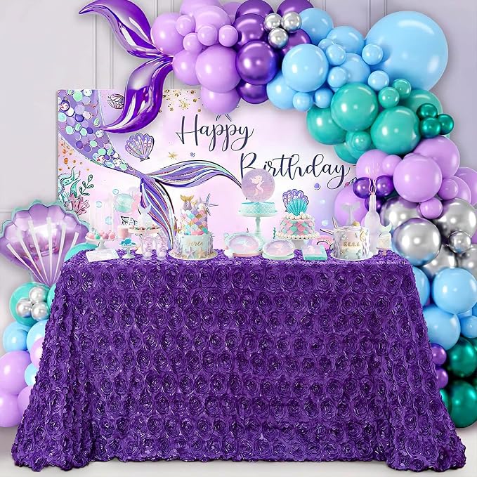 B-COOL Purple Rosette Tablecloth 60x102 Inch Satin 3D Floralr Romantic Party Table Fabeic for Wedding Bridal Shower Birthday Rectangle Table Decoration